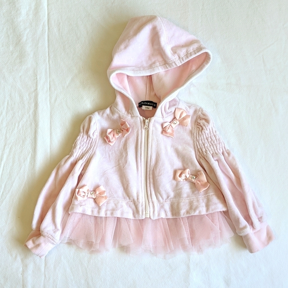 Kate Mack Girls Pastel Pink Velour Tulle Tutu Zip Up Hoodie Jacket 24M